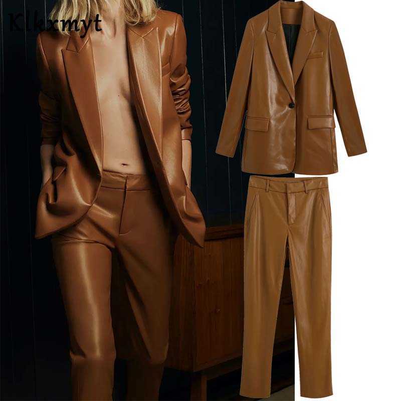 Klkxmyt 2 pieces sets women chic fashion single button pu leather blazers jackets tops and pants trousers set 210527