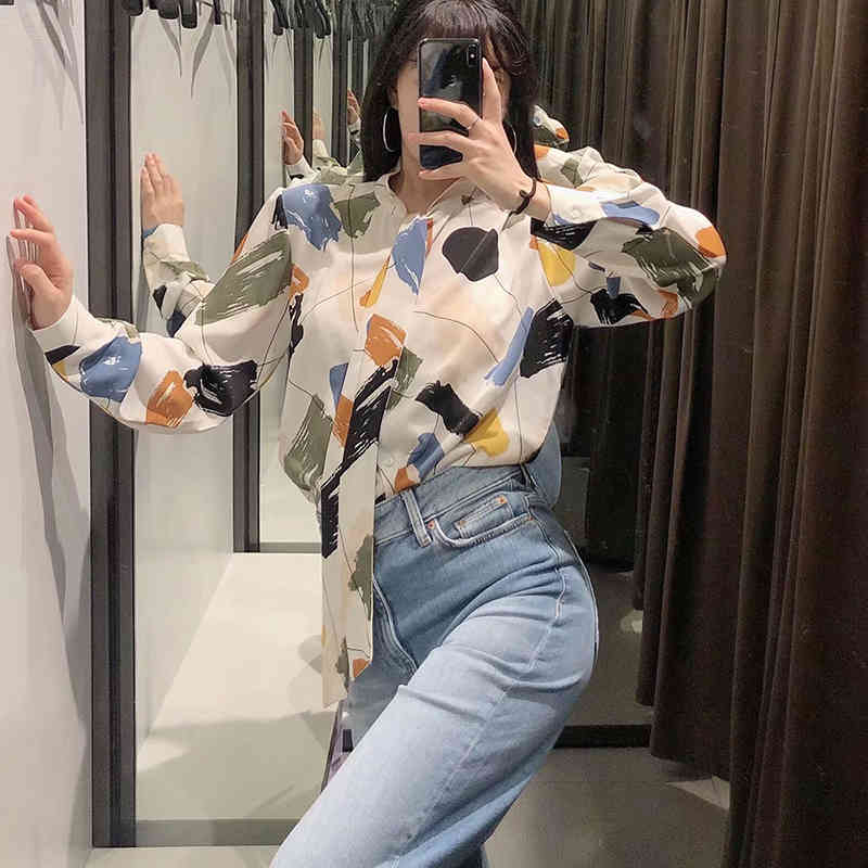 Women Blouse Elegant Bow Tie Graffiti Shirts Fashion Long Sleeve Single Breasted Casual Shirt Tie-Dye Printed Tops 210521