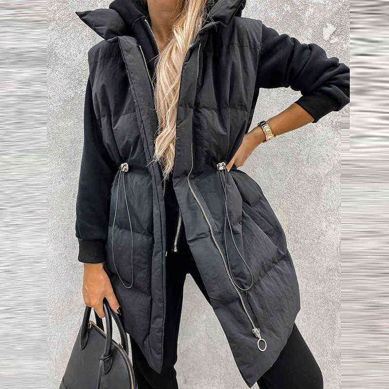 Korean Style Autumn Winter Long Waistcoat Women Solid Sleeveless Jacket Zipper Vest Female V Neck Pocket Casual Loose Outerwear 211120