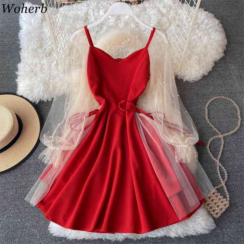 Women Dress Summer Puff Sleeves V-neck Patchwork Gauze Robe Sweet Beaded Dresses Korean Elegant Slim Waist Midi Vestidos 210519