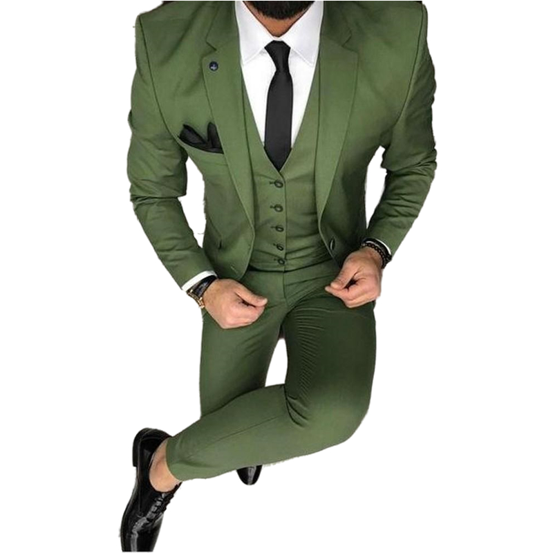 Handsome Oilve Green Slim Fit Mens Wedding Tuxedos Groom Formal Wear Peaked Lapel One Button Spring Summer Wedding Suits Prom Party Blazer Evening Din