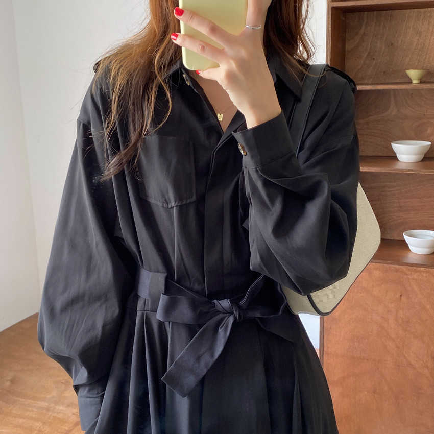 Korea Style Elegant Black A Line Dress High Waist Long Women Clothing Buttons Vestidos 210615