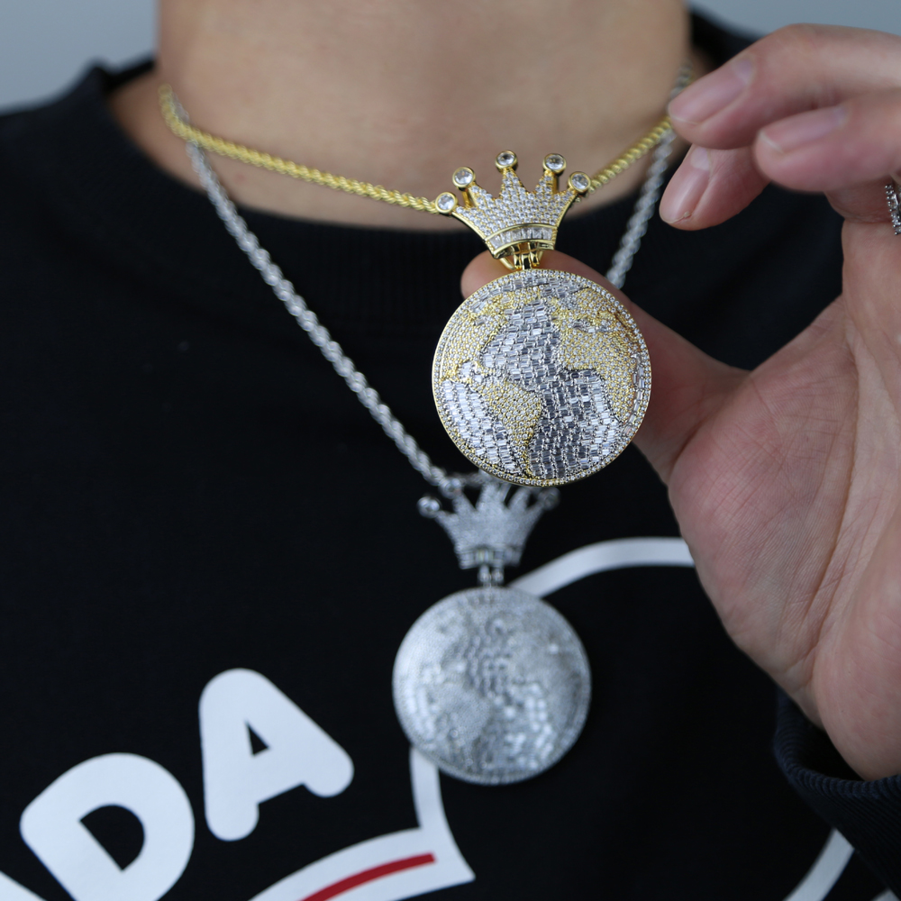 Bling 5A Cz Round Globle Pendant with Crown Shaped Necklace Full Iced Out Cubic Zirconia Hip Hop Custom Mens Cool Jewelry