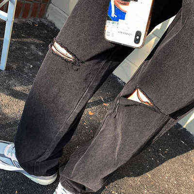 Black high-waist ripped straight-leg jeans women's spring and autumn loose thin drape wide-leg mopping pants 211129