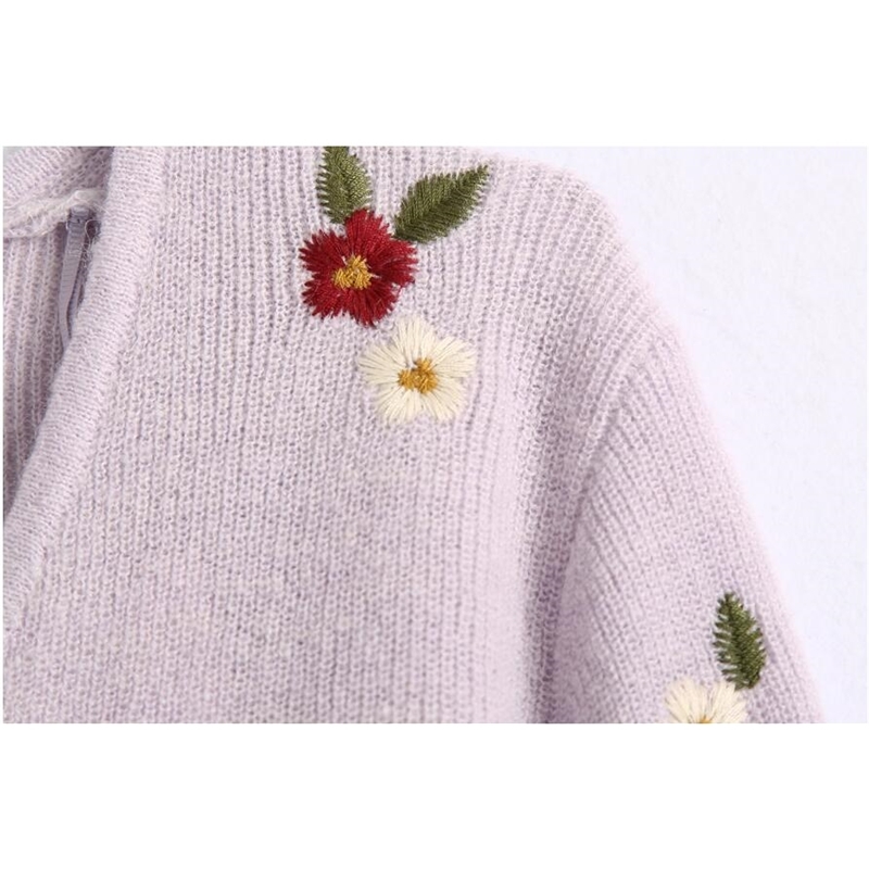 Spring CHIC French Knitting Embroidery Crop Cardigan Sweater Retro Woman V neck Long Sleeve Flower Jumper Short Knitwear 210429