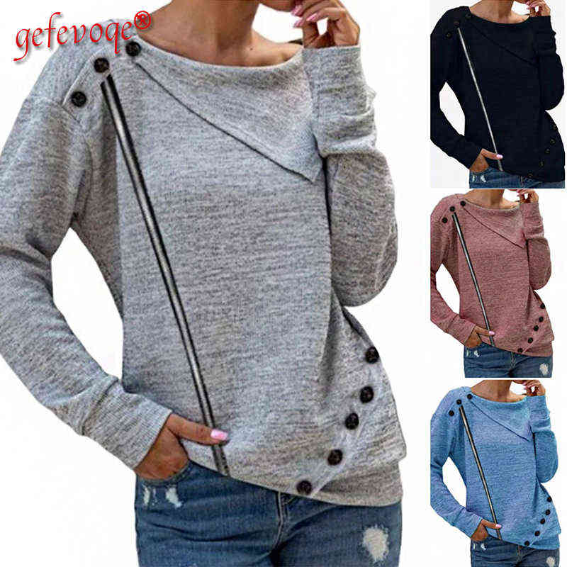 Autumn Winter Women Fashion Zipper Button Clothing Lady Round Neck Solid Color Long Sleeve Blouse ity Loose Casual Top 211108