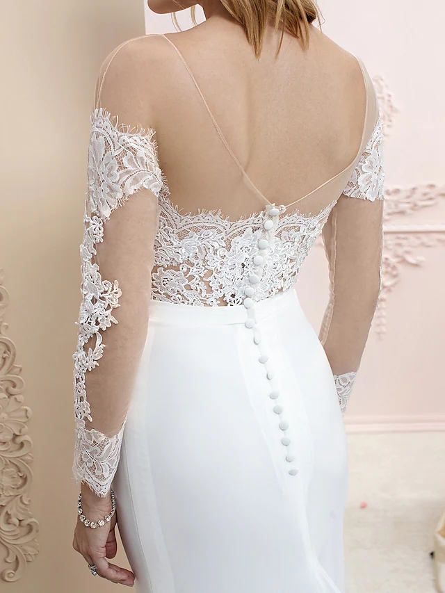 2022 Bridal Gown Trumpet Wedding Dress Bateau Neck Court Train Chiffon Corded Lace Long Sleeve Romantic Sexy Appliques Vestido De Noiva Robe De Mariag