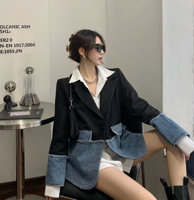 Elegant Women's Denim Patchwork Long Sleeve Blazer Coat Spring Female Fashion Clothing 210519