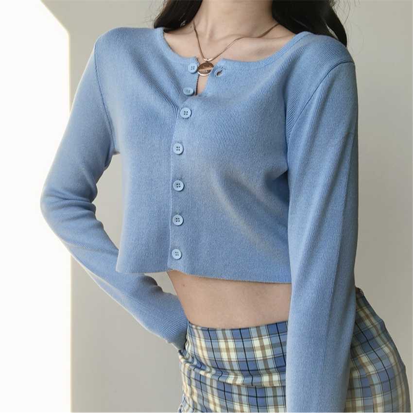Korean Style O-neck Short Knitted Sweaters Women Thin Cardigan Fashion Sleeve Sun Protection Crop Top Ropa Mujer 211018