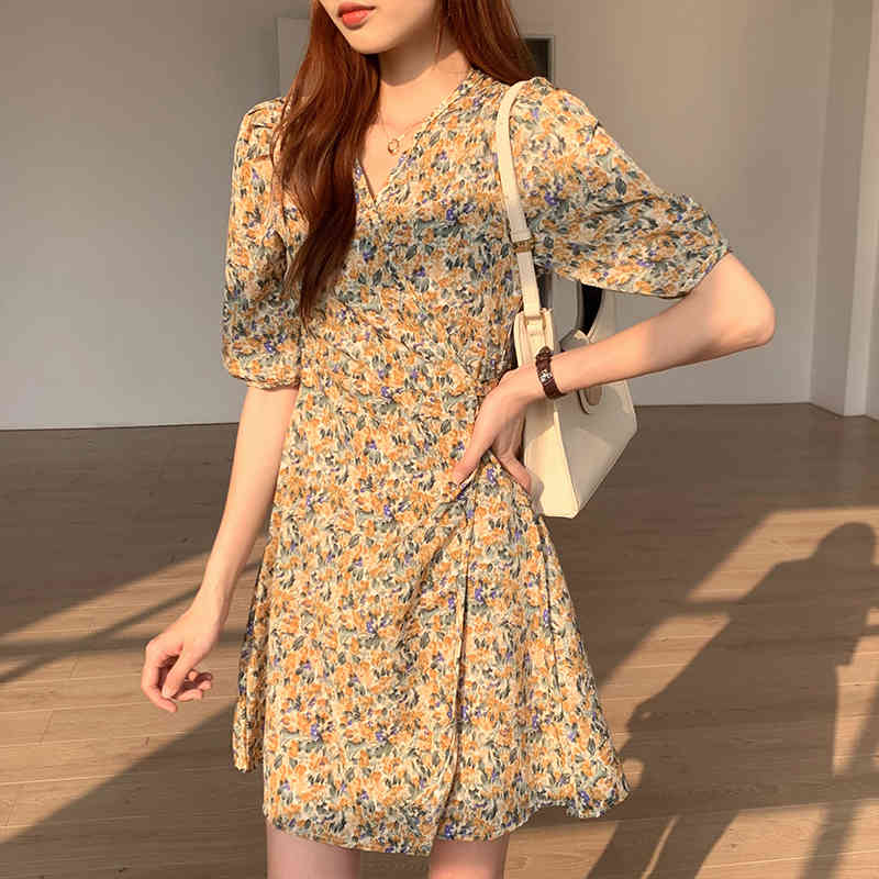 Neploe Women Short Sleeve Dress Print V Neck Female Elegant Chiffon High Waist A-line Dresses Korean Fashion Vintage Vestidos 210422