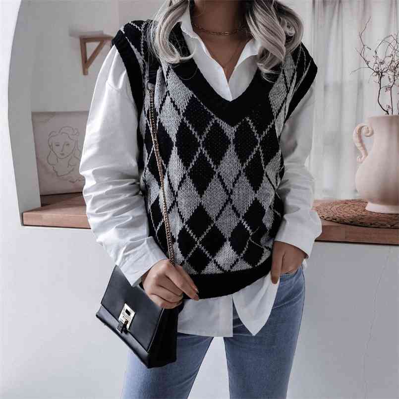 Fashion diamond-shaped V-neck casual loose knit vest sweater female sleeveless knitted sweaters for women High Street 210508