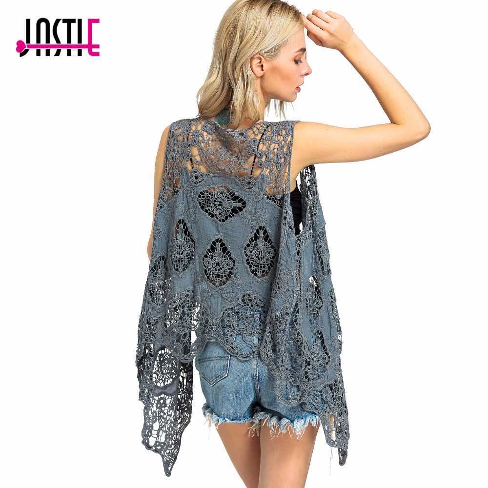 Jastie Summer Beach Cover Up Top Cardigain Hippie Froral Patchwork Lace Vest Retro Vintage Crochet Asymmetric Open Stitch Kimono 210819