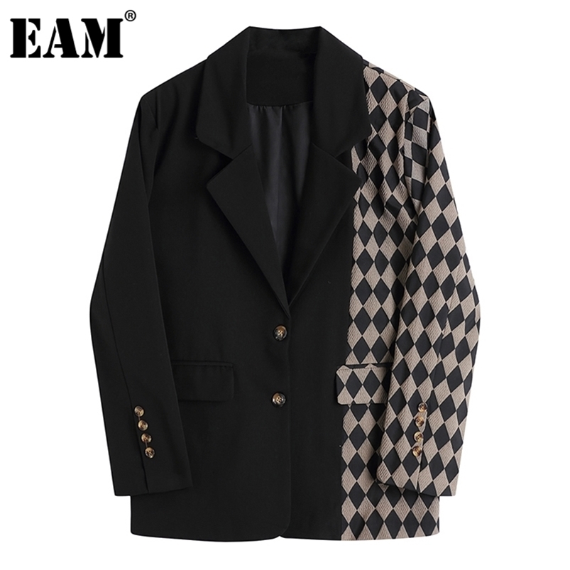 [EAM]Women Vintage Black Plaid Stitching Blazer Lapel Long Sleeve Loose Fit Jacket Fashion Spring Autumn 1DA745 211120
