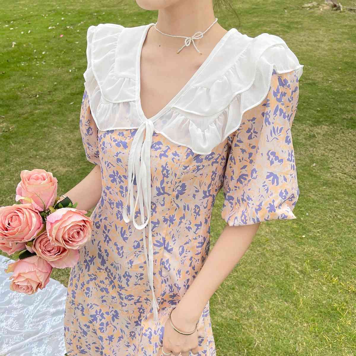 Summer Sweet Ruffles Bow Peter Pan Collar Puff Sleeve Flower Print Chiffon Dress France Women Chic Slim Waist Casual Party 210519