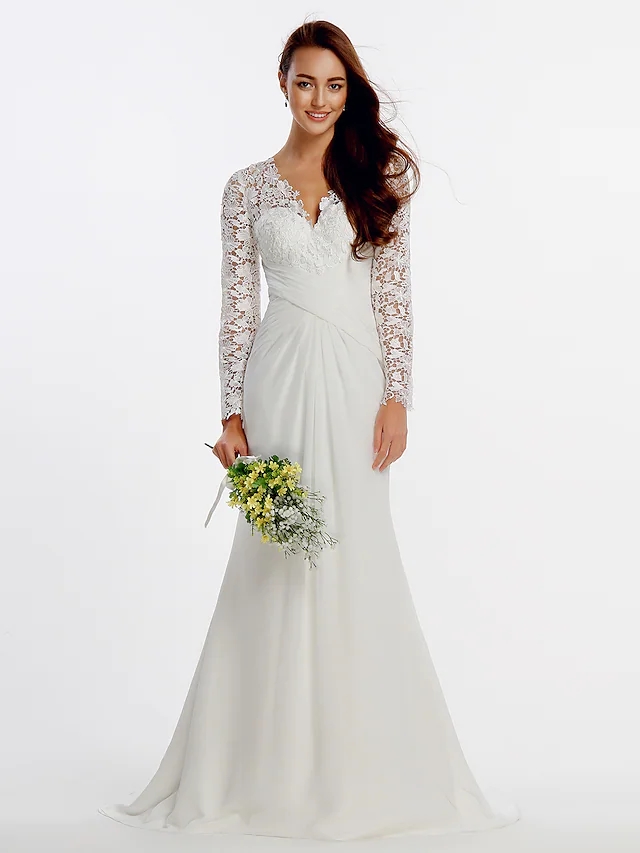 Wedding Dress 2022 Bridal Gown V Neck Sweep Train Chiffon Floral Lace Long Illusion Sleeve Romantic Boho Plus Size Vestido De Noiva Robe Mariage