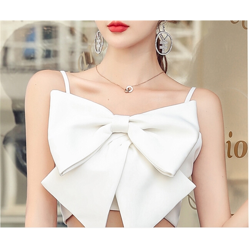 Summer Fashion Women Two Piece Sets Sexy Spaghetti Strap Short white Bow Top +High Waist Black Pants Suit 210520