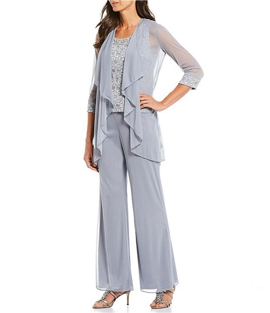 Summer Chiffon Mother Of The Pant Suits Three Pieces Lace Pearl Beaded Wedding Guest Dress Plus Size Pant Suits