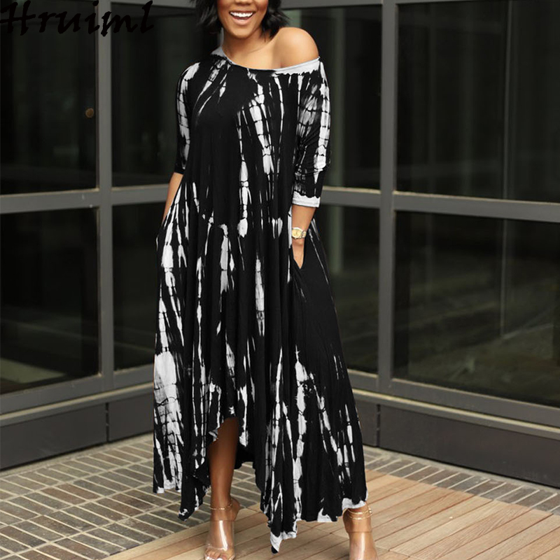 Style Long Dress Wide Neck Tie-dye Women Pockets Casual Ankle-Length O-Neck Lrregular Hem Loose Vestidos Largos 210513