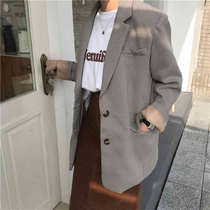 Vintage Single Breasted Office Ladies Plaid Blazer Long Sleeve Loose Suit Coat Jacket Women blazers Female 210514