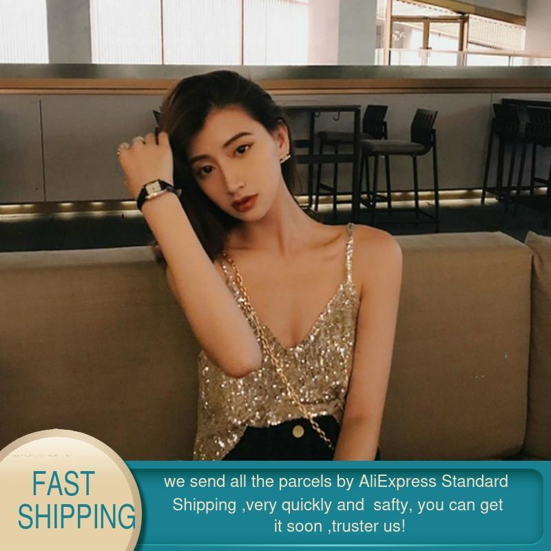 Sexy Womens tank top Silver Sequin Backless sleeveless Glitter Strappy Tank Tops Ladies Sparkle Camis v-neck Vest party Clubwear 210428