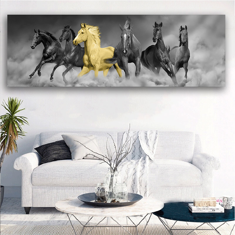 Modern Black and White Horse Running Picture Wall Art Painting Living Room Canvas Print Animal Decorative Poster Print Big Size