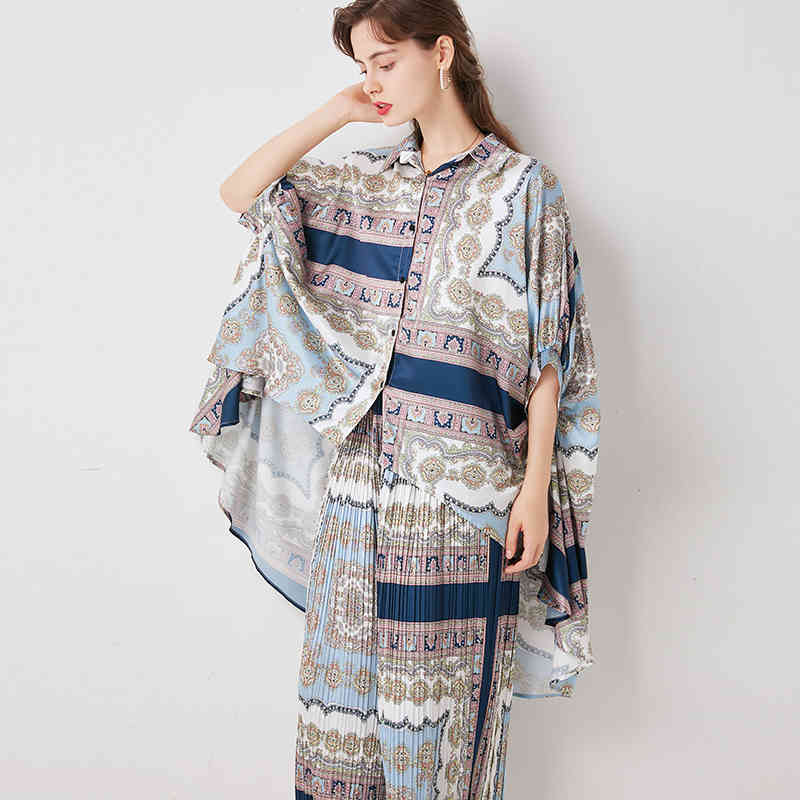 VKBN Spring Summer Two Piece Set Top and Pants Plus Size Batwing Sleeve Elastic Wais Print Straight Trousers Suit 210507