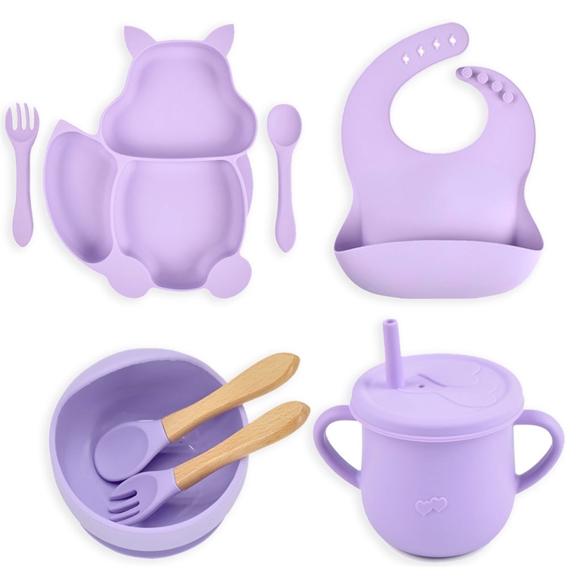 8PCS/Set Cute Silicone Baby Plate Bowl And Training Cup Wooden Spoon Forks Set Suction Kids's Tableware Dishes Stuff 211012