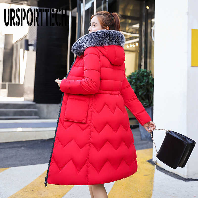 URSPORTTECH Arrival Winter Jacket Women Parka With Fur Hooded Thick Warm Long Padded Coat Female Outwear Print Parkas 210528