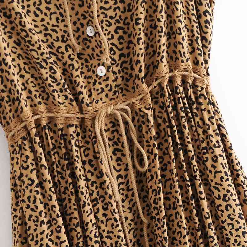 Women Leopard Print Waist Drawstring Lace Splicing Suspender Dress Female Sleeveless Clothes Casual Lady Loose Vestido D7388 210430