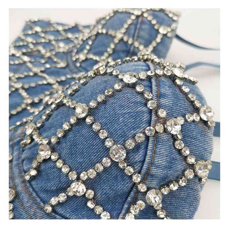sexy bodycon crop tops crystal chains denim blue slim srapless camis women summer streetwear sweet young style 210421