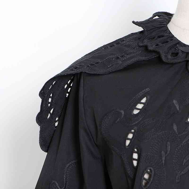 White Hollow Out Shirt For Women Stand Collar Lantern Sleeve Casual Solid Blouse Female Spring Fashion Clothes 210524