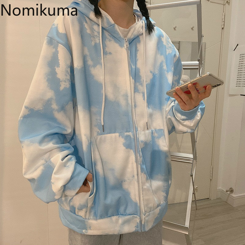 Nomikuma Women Tie Dye Sweatshirt Hooded Coat Causal Long Sleeve Zipper Korean Jacket Autumn Winter Fleece Hoodies 6D286 210427