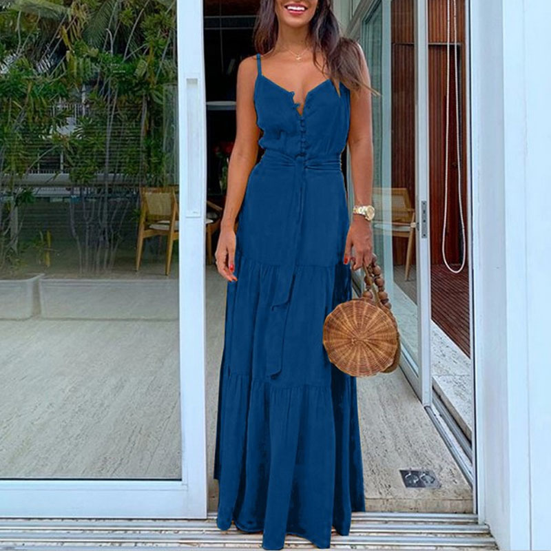 Summer Long Dress Pop Solid Color Button V-neck Sling Sleeveless Women Beach es Femme Robe with Belt 12855 210510