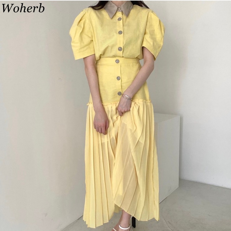 Vintage Puff Sleeve Blouse + High Waist Pleated Skirts Women Fashion Two Peices Long Skirt Sets Summer Elegant Outfits 210519