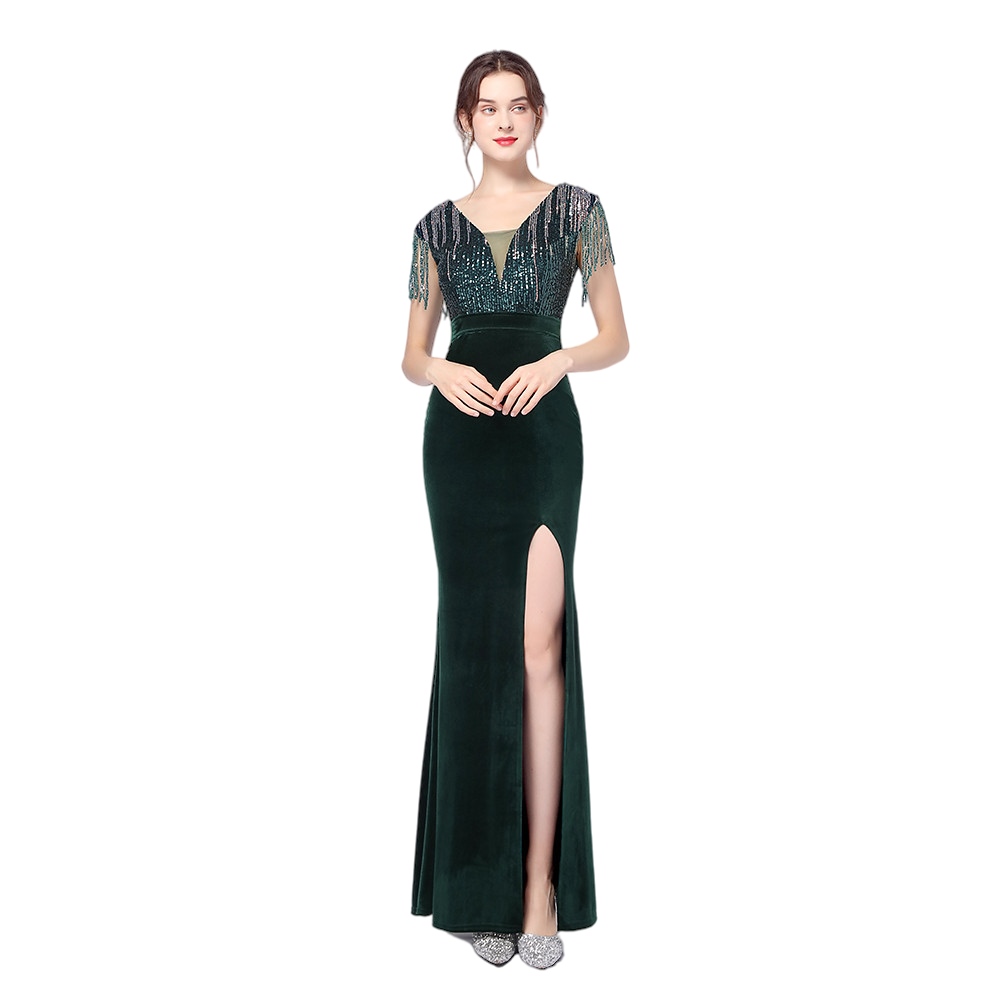 Wine Red Beaded Velvet Prom Party Dresses Tassel Sparkly V-neck Mermaid Full length Evening Dress Koftan Doubai robes de soirée