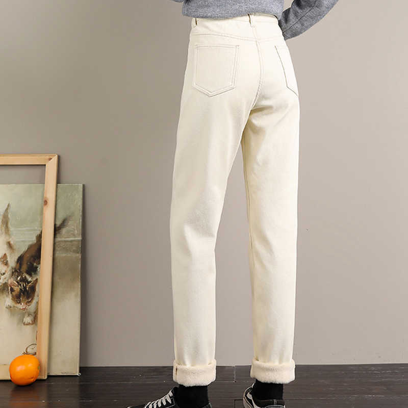 Warm Jeans Winter Velvet Thick Mom High Waist Harem Trousers Female Pantalon Loose Wideleg Fleece Denim Pants 210922