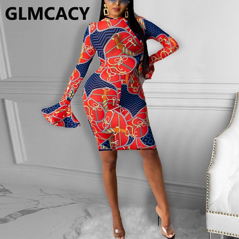 Women Flare Sleeve Slim Midi Dress 210702