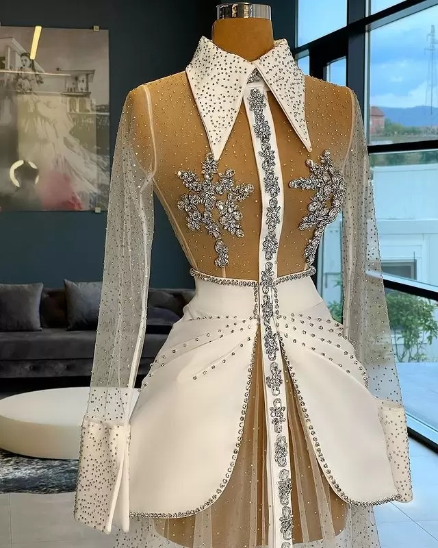 Glitter See Through Tulle Formal Evening Dresses 2022 With Long Sleeves Beaded Sexy Plus Size Celebrity Prom Pageant Gowns 0431
