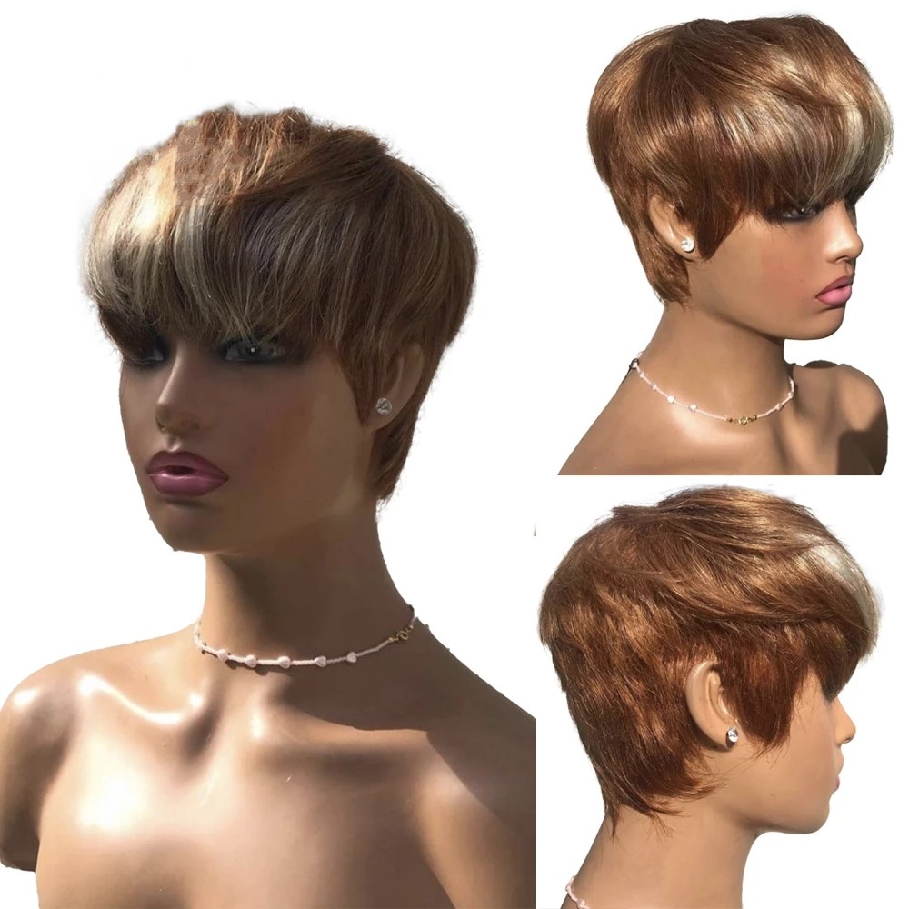 Ombre Blonde Short Bob Pixie Cut Human Hair Wig Full Machine Made Non Lace Front Wigs With Bangs For Women