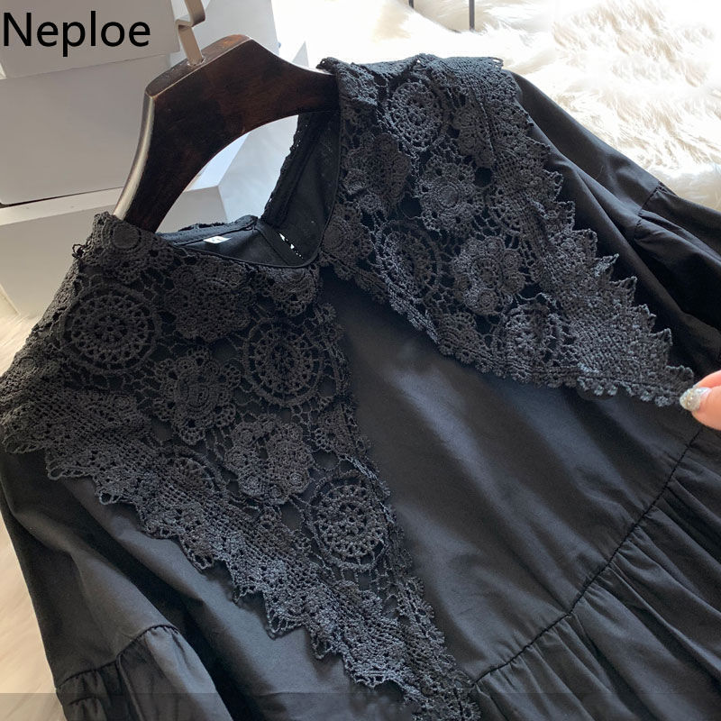 Neploe Plus Size Blouse Women Blusas Mujer De Moda Crochet Lace Shirt Lantern Sleeve Loose Blouses Japanese Black Long Tops 210422