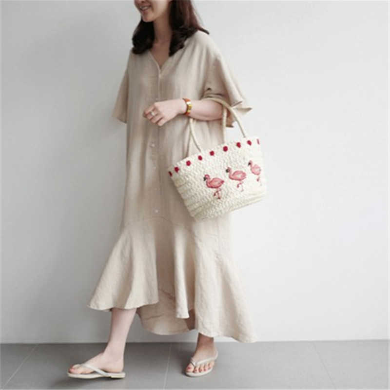 Loose Cotton and Linen Solid Dresses Butterfly Sleeve Ruffles V-neck Shirt Irregular Fishtail Knee-Length for Women 210615
