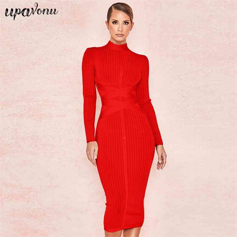 Free shippin Arrival Women Midi Bandage Dress Red Sexy High Neck Long Sleeve Bodycon Rayon Party es 210524