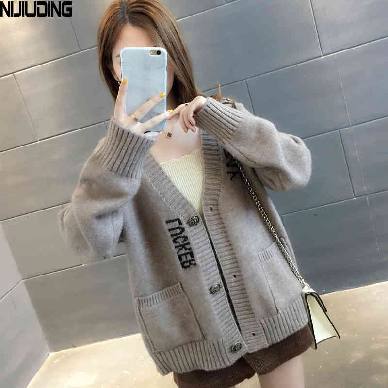 Knitted Cardigan Letter Jacquard Female Sweet Small Fresh Top V-neck Autumn Loose Korean Student Sweater Coat 210514