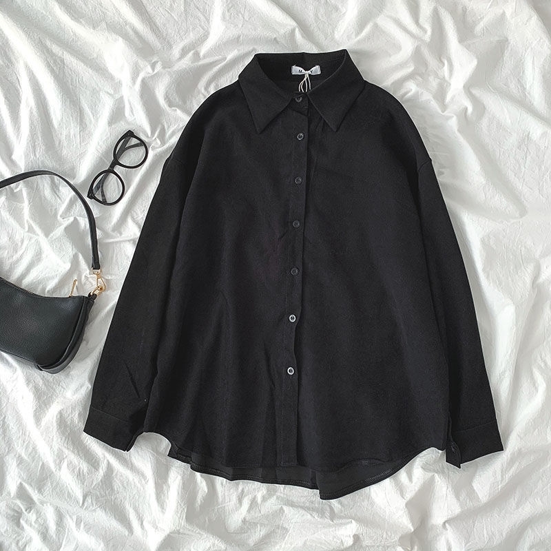 Spring Autumn Thick Shirt Women's Fashion Polo Collar Loose Oversize Blouses Vintage Long Sleeve Single Breasted Female Tops 210317