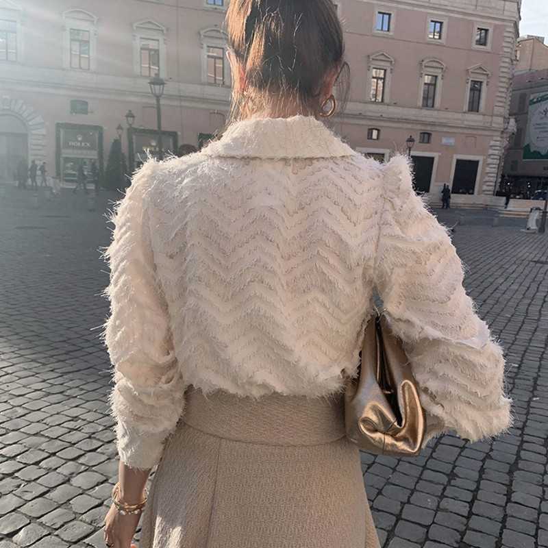 Yedinas Spring Fashion Black Cardigan Women Tassel Chic Sweater Turn-down Collar Long Sleeve Top Korean Style Kardigan 210527