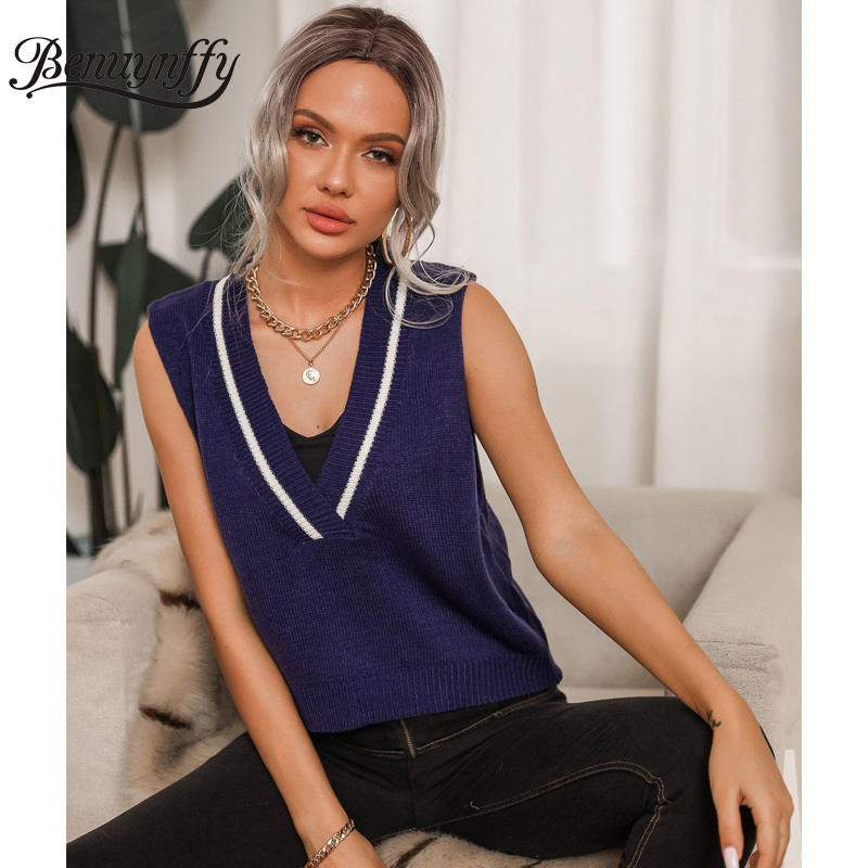 V-neck Contrast Trim Knitted Sweater Vest Women Spring Autumn Vintage Sleeveless Pullover Female Waistcoat 210510