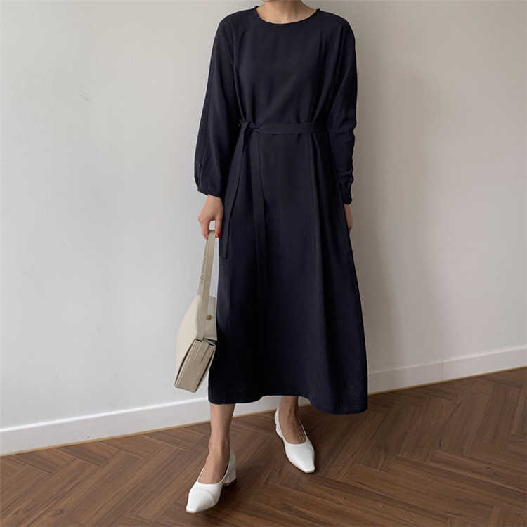 LY VAREY LIN Summer Long Sleeve Tie Up Slim Dress A line Solid O Neck High Waist Mid-Calf Women Party 210526