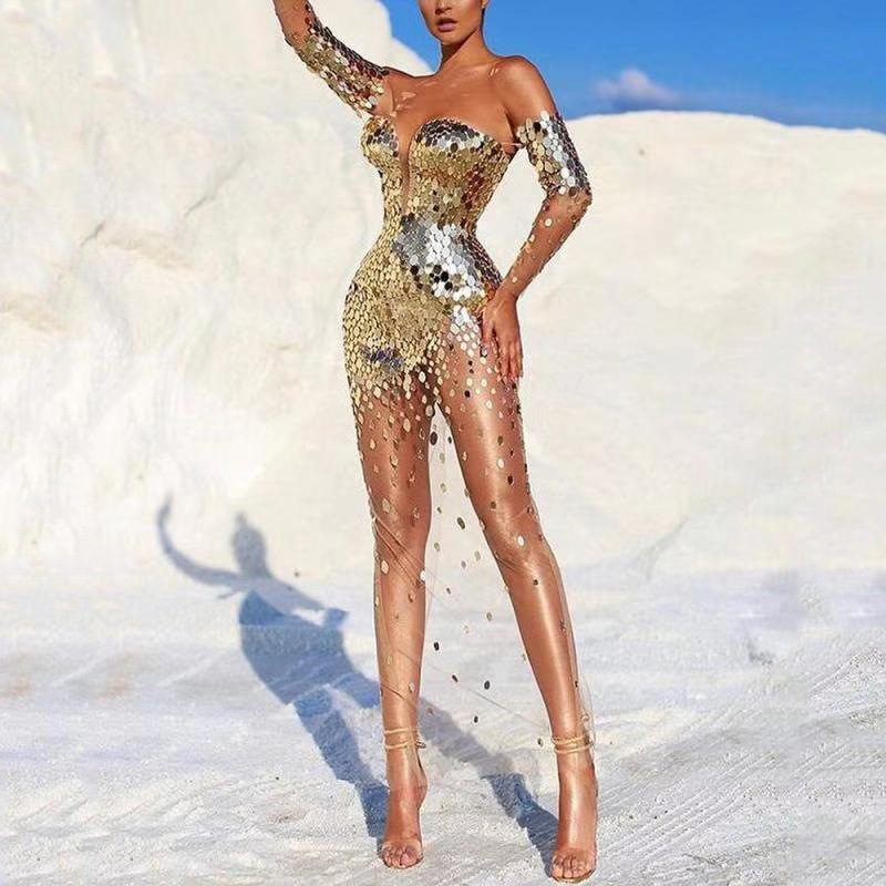 Gold Sequined Evening Dresses Trasparent Sheer Mesh Strapless Elegant Dress Women Long Sleeve Formal Party Long Dresses 210521