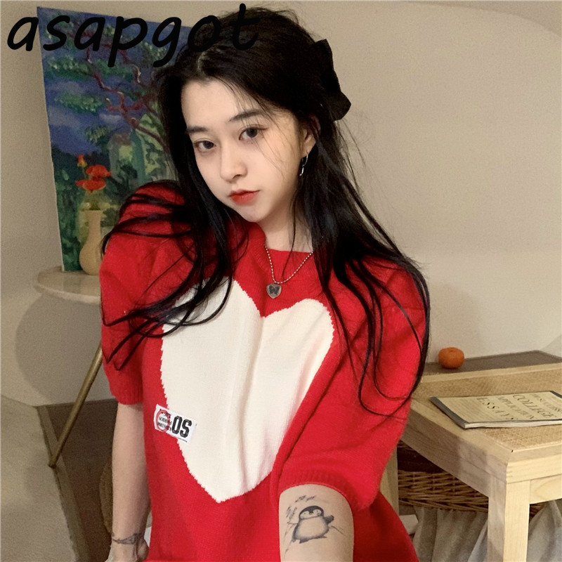 Sweaters&Jumpers Pullovers O Neck Short Sleeve Sweater Love Heart Kniited Top Chic Sweet Fashion Casual Japan Style Spring 210429