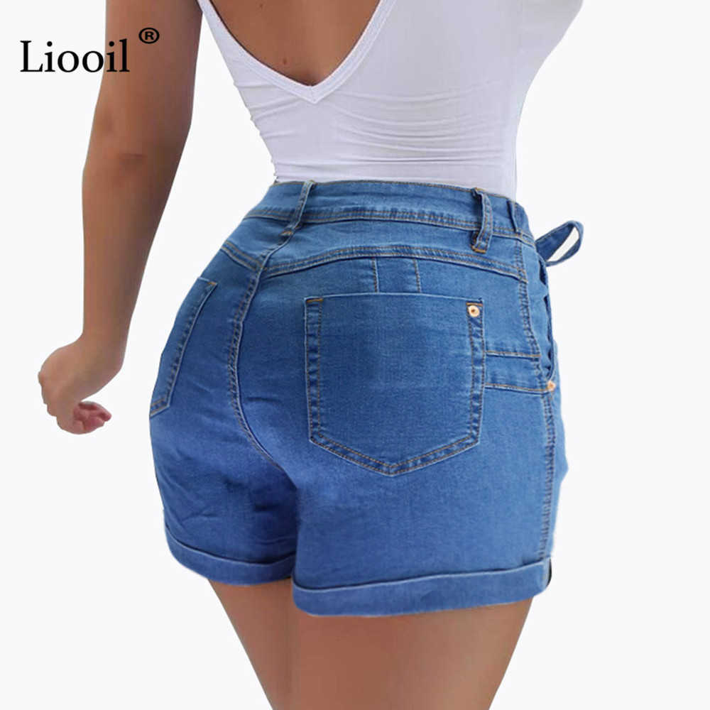 Liooil Ladies Short Jeans Cotton Blue Jean Shorts High Waist Women Summer Lace-Up Pockets Sexy Denim Woman Shorts 210625